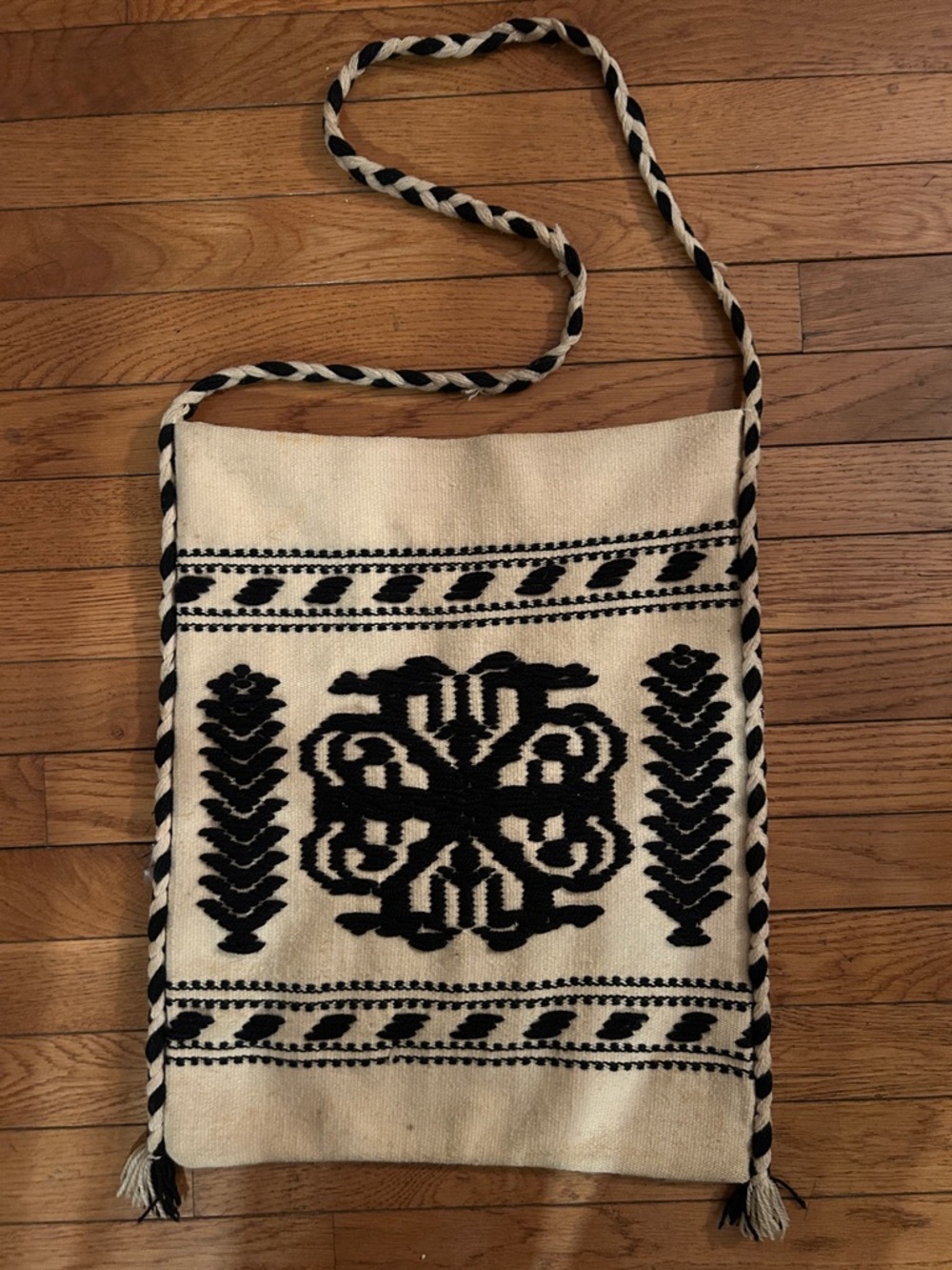 RARE VINTAGE wool Black and Cream Woven Crossbody Bag - Boho Embroidered Design
